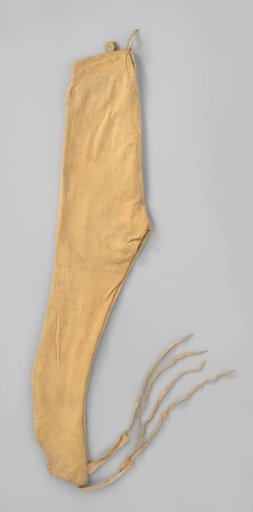 Ankle-length trousers of natural-colored suede with a front closure of three buttons, footbands, waistband with four loops, and drawstrings at the bottom of the leg and at the back of the waist