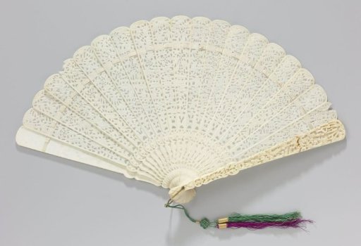Folding Fan of Bone (?) with Carved and Relief-Carved Legs, Depicting Chinese Figures, Houses, and Floral and Plant Motifs on Both Sides