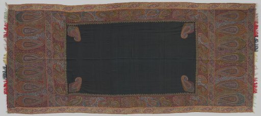 Rectangular Kashmir shawl, with an unadorned black centre, surrounded by a multicoloured pattern of large feather motifs