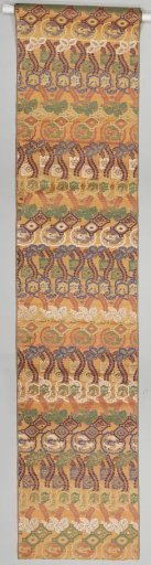 Silk damask band with a design of bands with foliage, linked hexagons filled with flowers, lobed rectangles filled with birds and dragons, and similar motifs