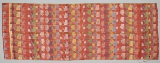 Silk band with a design of narrow and wider stripes with woven flowers over which a design of geometric shapes, oval floral forms, fans, flowers, and again fans