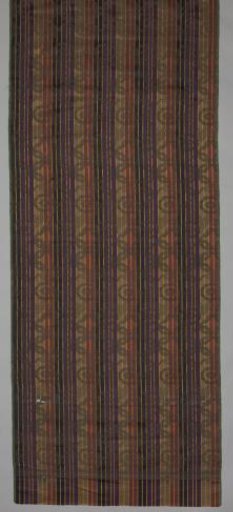 Length of silk damask with a pattern of stripes, interrupted by narrower stripes "over which" a linked ornament of ribbonwork, flowers and wyber ornament