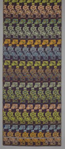 Band of silk damask with a design of alternating horizontal bands with hexagons and blocks, filled with animals and vegetative ornaments