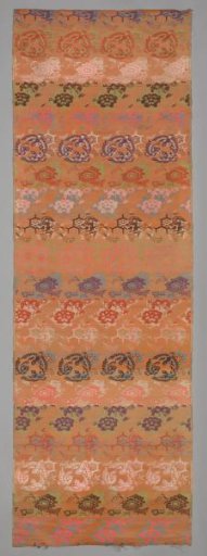 Strip of silk damask with a design of horizontal bands with alternating flowers, flowers against trellis, hare beside hexagon and birds in circle