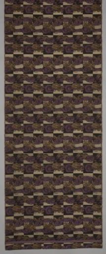 Band of silk damask with a design of alternating woven bands of waves between which are dragon heads and dragon tails