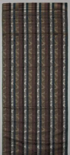 Length of silk damask with a pattern of stripes in blue-green, silver-grey, aubergine and gold-brown "over which" a floral pattern in brown-grey