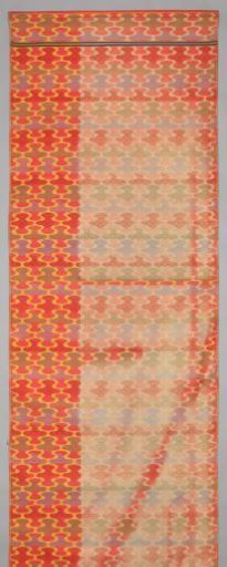 Length of silk damask with a design of a continuous wave pattern in horizontal bands, partially filled with alternating designs of linked circles changing direction