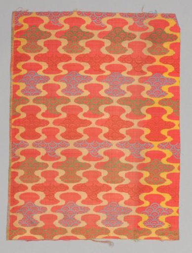 Fragment of Silk Damask with a Design of a Continuous Wave Pattern in Horizontal Bands, Partially Filled with Alternating Designs of Interlinked Circles Changing Direction