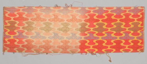 Fragment of silk damask with a design of a continuous wave pattern in horizontal bands, partially filled with alternating designs of linked circles changing direction