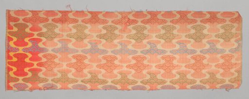 Fragment of silk damask with a design of a continuous wave pattern in horizontal bands, partially filled with alternating designs of linked circles changing direction