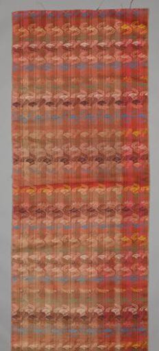 Length of silk with a pattern on a striped ground of bands of fans arranged in pairs with a branch and leaves. The direction of the fans turns 180 degrees per band Kaden