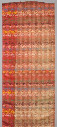 Length of silk with a pattern on a striped ground of bands of fans arranged in pairs with a branch and leaves. The direction of the fans turns 180 degrees per band Kaden