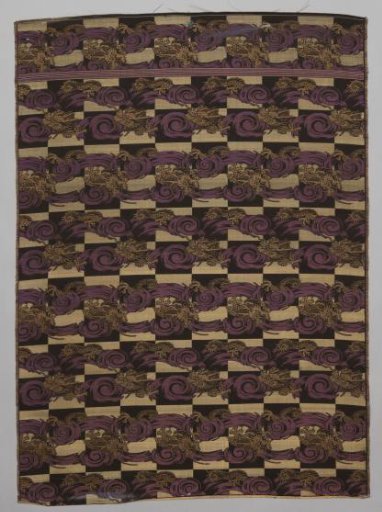 Band of silk damask with a pattern of alternating woven bands of waves between dragon heads and dragon tails