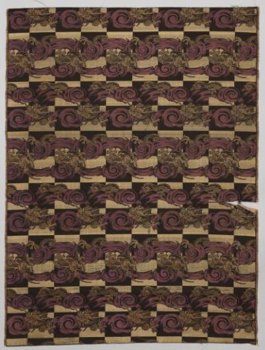 Band of silk damask with a pattern of alternating woven bands of waves between dragon heads and dragon tails