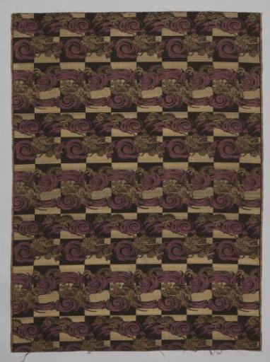 Band of silk damask with a pattern of alternating woven bands of waves between dragon heads and dragon tails