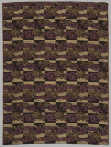 Band of silk damask with a pattern of alternating woven bands of waves between dragon heads and dragon tails
