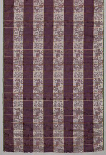 Length of silk damask with a pattern of blocks framed by yellow stripes in horizontal bands. The blocks are filled with various ornaments