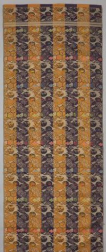 Length of silk with a pattern of hexagons, horizontally placed rectangles with abstract floral filling and irregularly shaped polygons in horizontal color bands