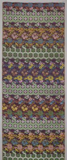 Strip of silk with a design of horizontal bands alternating between linked pentagons filled with four-lobed flowers and flowers and leaves in three bands