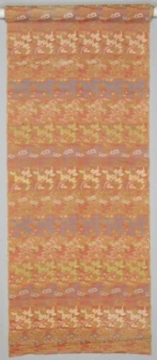 Silk fabric with a design of horizontal bands featuring a repeating pattern of alternating flowers and leaves