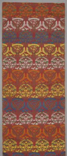 Length of silk with a pattern of pseudo-spit ovals interrupted by horizontal bands of ovals with flower petals and filled with birds and flowers and near-circles