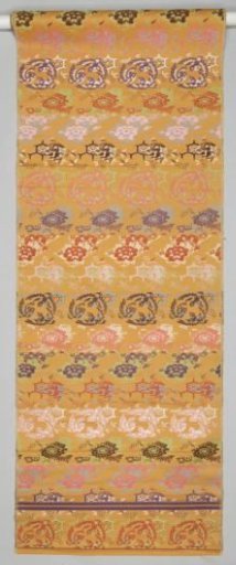 Silk fabric with a design of alternating flowers, flowers on a trellis, a hare next to a hexagon, and birds in a circle
