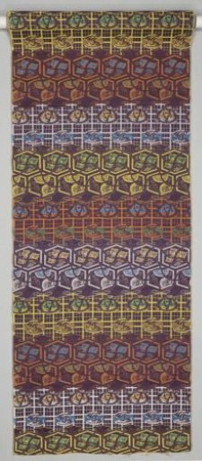 Silk band with a design of horizontal bands with ovals on a grid and bands with hexagons filled with foliage, birds, mammals, and abstract ornaments
