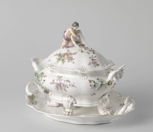 Tureen with saucer, painted with floral bouquets