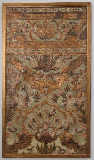 Gold leather, sheet, of so-called raised gold leather, with a design of pomegranates