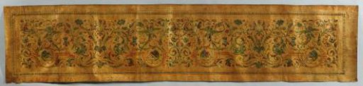 Gold leather, strip, of so-called raised gold leather, with ornament of grotesques