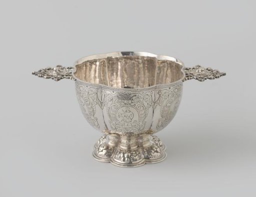 Brandy bowl, composed of six convex segments, decorated with relief and engraved representations of Hope, Faith, Love, Justice, Temperance and Strength