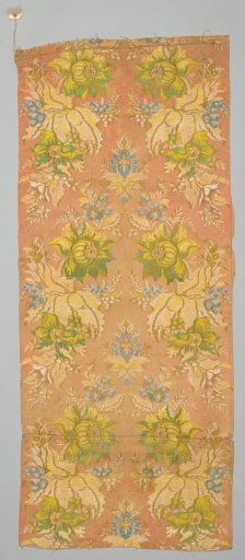 Strip of two sewn-together silk fabrics with a floral design