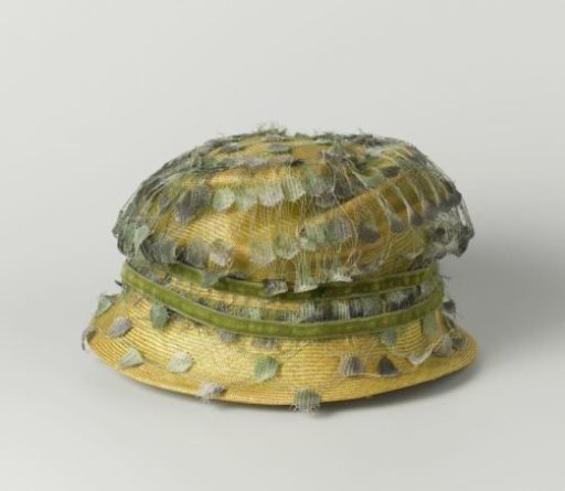 Pothoed (cloche) of Yellow Straw Overlaid with Green and Grey Openwork Viscose, with Two Velvet Straps and Green Grosgrain Ribbon