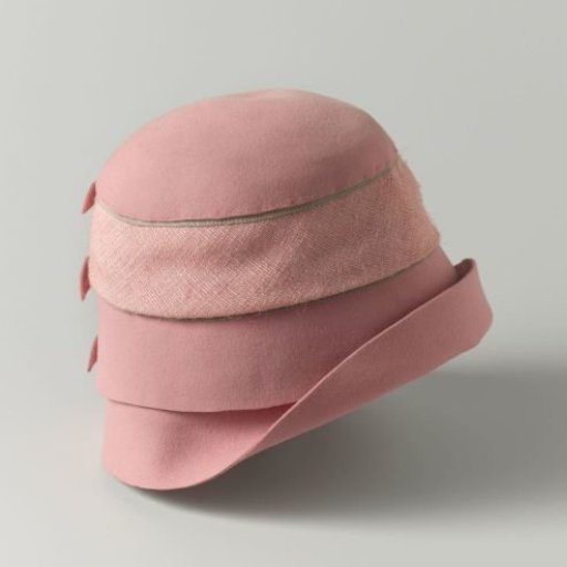 Cloche of rose felt with three bows, grey grosgrain ribbon and a linen band