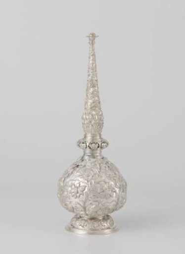 Silver perfume bottle chased with floral and leafy scrolls