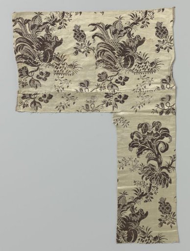 Fragment of four sewn-together pieces of silk damask with, among others, horizontal rows of large flowers