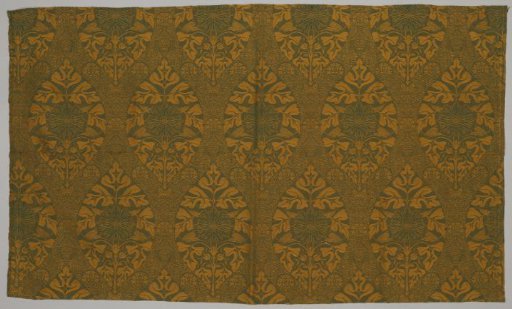 Curtain fabric with a pattern of an aster, leaves and butterflies in a medallion, golden-yellow-green