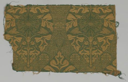 Curtain fabric with a pattern of an aster, leaves and butterflies in a medallion, golden-yellow-green