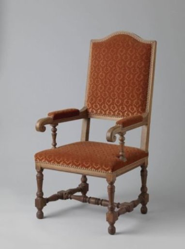 Armchair with high backrest, upholstered in red tripe