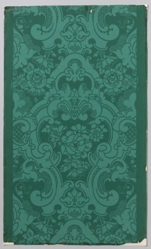 Wallpaper with a pattern of roses and volutes