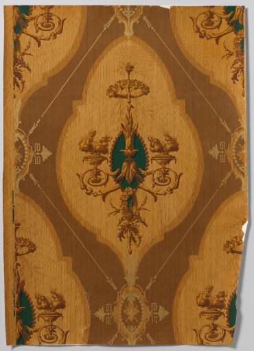 Wallpaper with a pattern of pointed ovals containing candelabras