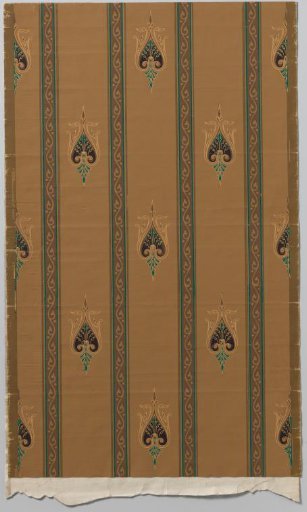 Wallpaper with a pattern of bands containing wavy vines and lyre shapes