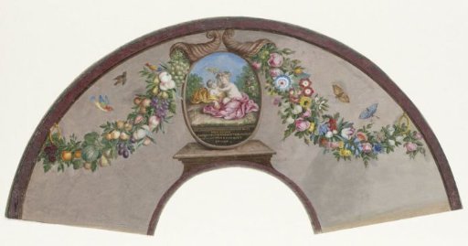 Fan leaf of parchment (?) with a 'Floralia' with Vestal virgins and on the reverse a medallion with two playing, naked children and a little poem, between two cornucopias, birds and butterflies