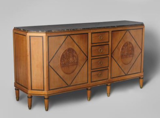 Sideboard with four drawers in the middle and two doors on either side, featuring medallions with carved fruit baskets surrounded by black borders