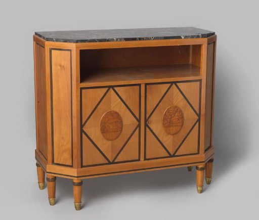 Sideboard with two doors featuring medallions with carved fruit baskets surrounded by black borders