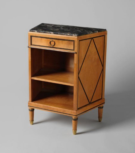 Cabinet with beveled corners bordered with black piping