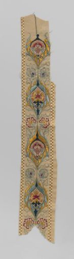 Unfinished embroidery fragment with a repeating motif of multicolored silk on natural-colored woolen cambric