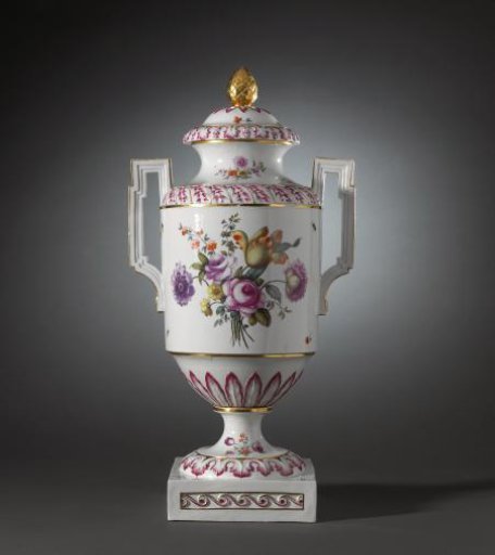 Covered vase with birds on a branch and bouquets