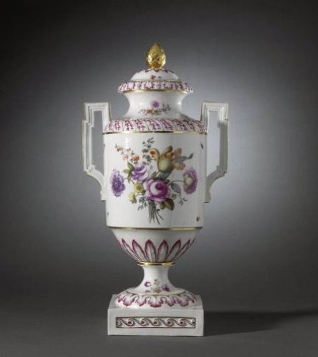 Covered vase with birds on a branch and bouquets