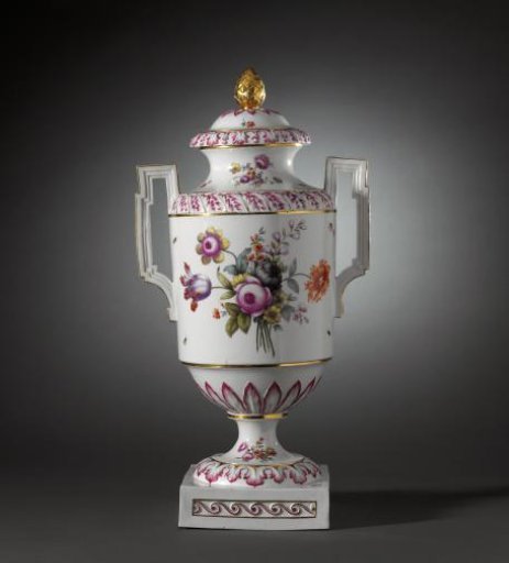 Covered vase with birds on a branch and bouquets